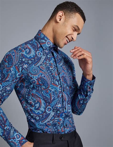 Men S Curtis Blue Orange Paisley Slim Fit Shirt Single Cuff