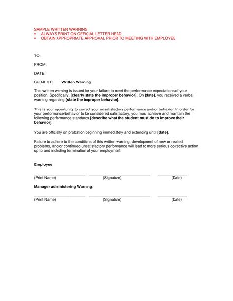 Free Printable Professional Warning Letter Sample Pdf Employee