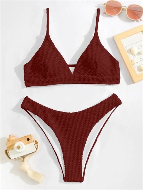 Plain Textured Bikini Swimsuit SHEIN USA