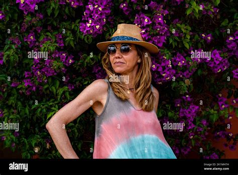 Mature Woman Enjoying Her Summer Vacation Posing For Her Social Media Stock Photo Alamy