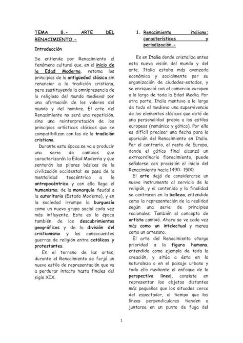 PDF TEMA 8 ARTE DEL 1 Renacimiento Italiano RENACIMIENTO