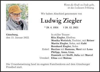 Traueranzeigen Von Ludwig Ziegler Augsburger Allgemeine Zeitung