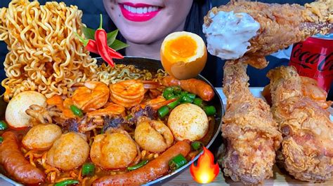 Asmr Soupy Fire Noodles Fried Chicken Egg Shrimp Cuttlefish