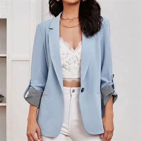 Blazer Jackets For Women 3 4 Sleeves Notch Lapel Coat Rolled Up Sleeve