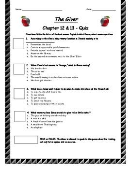 The Giver - Chapter 12-13 Quiz - ANSWER KEY (Editable) by Morris Smeader