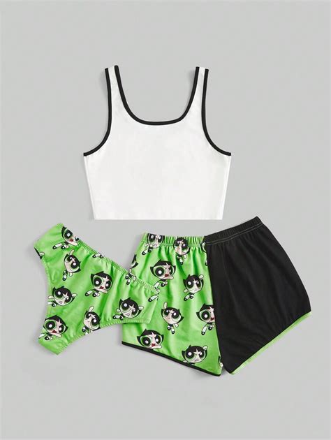 The Powerpuff Girls Romwe 3 Piezas Conjunto De Pijama Con Estampado De Dibujos Animados Unido