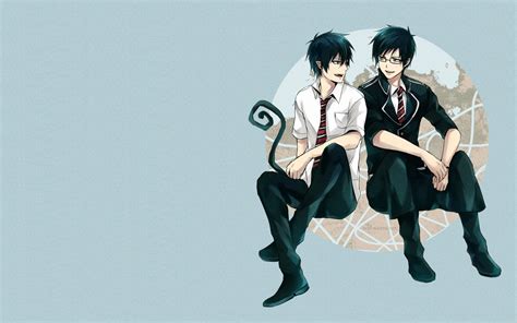 All Male Ao No Exorcist Black Hair Blue Eyes Glasses Male Okumura Rin Okumura Yukio Pointed Ears