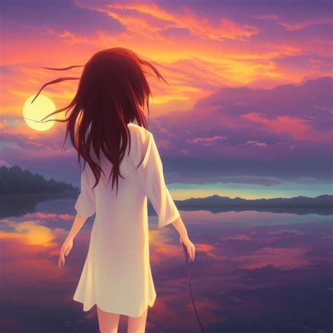 An Painting Of Anime Girl Standing On The Lake With Cumulus Clouds