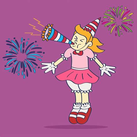 Una niña feliz soplando trompeta vector año nuevo ilustración estilo de