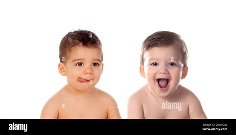 Two funny babies laughing isolated on a white background Stock Photo ...