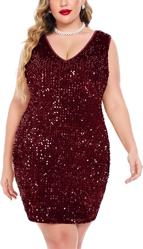 Involand Womens Sequin Dress Plus Size V Neck Party