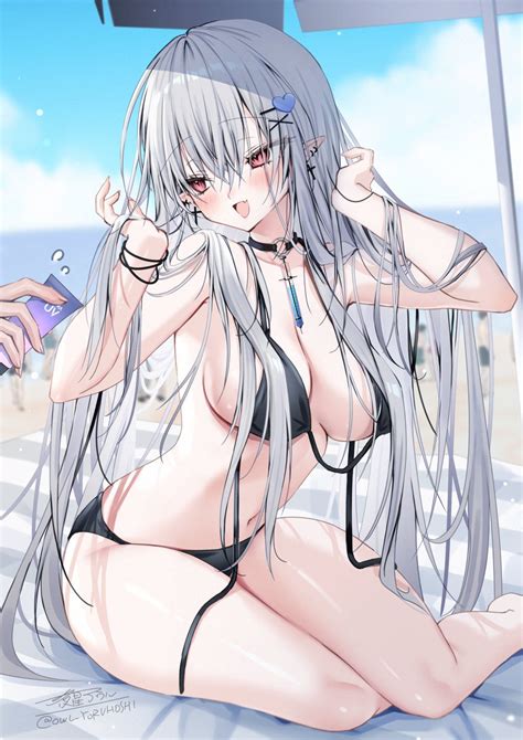 Yoruhoshi Owl Original Highres 1girl 1other Bare Shoulders Beach Bikini Black Bikini