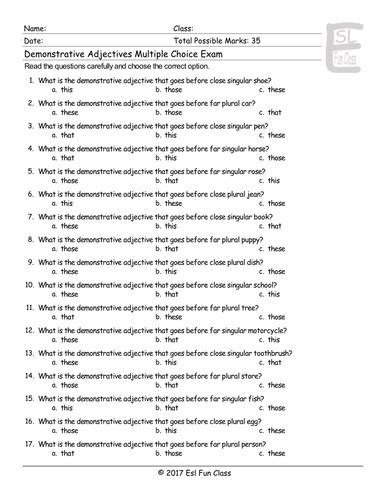 Demonstrative Adjectives Multiple Choice Exam Teaching Resources