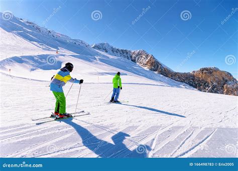 Men Skiers Skiing In Hintertux Glacier In Tyrol In Austria Stock Image