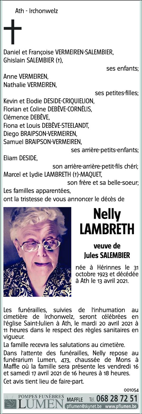 Avis De Décès De Nelly Lambreth Décédé Le 13 04 2021 à Ath Annonce