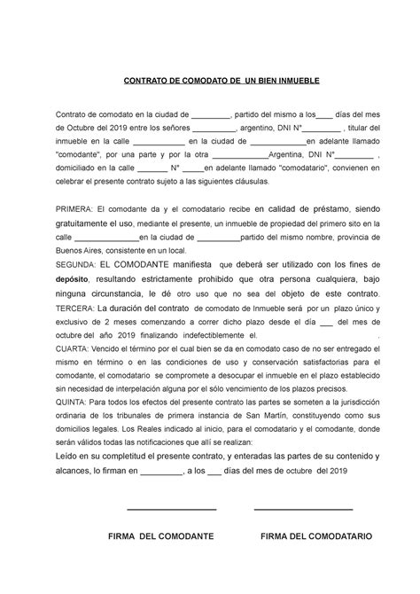 Formato Contrato De Comodato De Un Bien Inmueble Contrato De Comodato