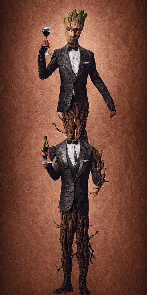 Realistic Groot As A Gentleman Wearing Tuxedo Drinking Stable