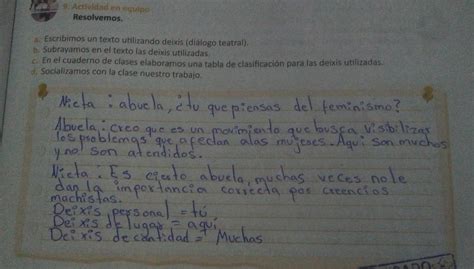 9 Actividad en equipoa Escribo un texto utilizando deixis diálogo