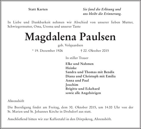 Traueranzeigen Von Magdalena Paulsen Sh Z Trauer