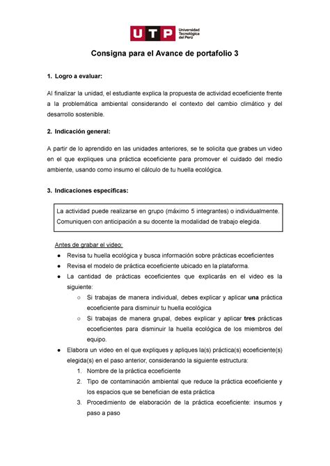 Indicaciones Avance De Portafolio Consigna Para El Avance De