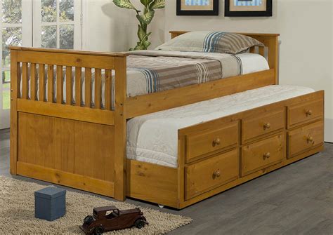 Twin Honey Mission Trundle Bed W3 Roll Out Storage Drawers Furniture