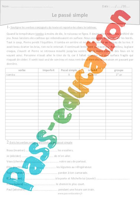 Passé simple Cm1 Exercices à imprimer Pass Education