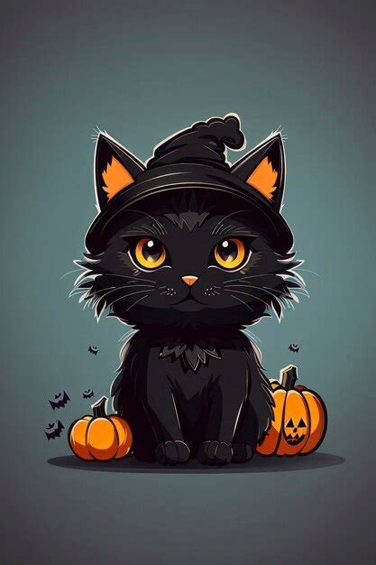 Un Lindo Gato Negro De Halloween Con Una Cabeza De Calabaza En Estilo