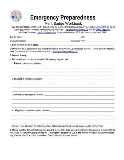 Boy Scout Merit Badge Emergency Preparedness Worksheet For Th