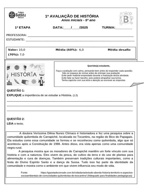 Avaliacao De Historia 5 Ano - Avaliação de História para 5º Ano | PDF | Cidadania