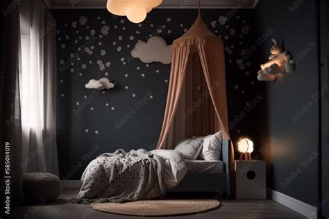 Kids bedroom in dark colors. Cozy kids room interior, scandinavian ...