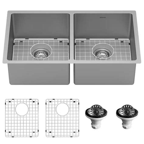 Karran Su77 16 Gauge Stainless Steel 32 In Double Bowl Undermount Kitchen Sink Kit Su77 Pk1