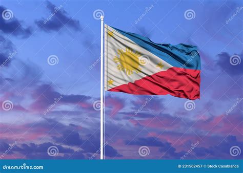 Philippine Flag On A Pole Against Blue Sky Stock Illustration