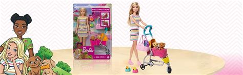 Barbie Famille Coffret poupée blonde promène ses chiots deux figurines animaux et accessoires