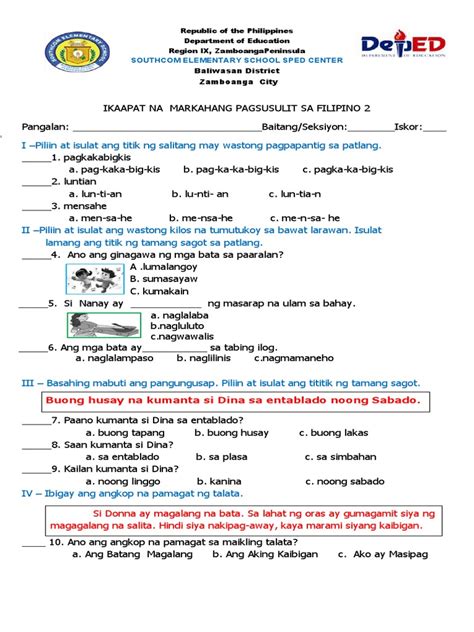 Ikaapat Na Markahang Pagsusulit Sa Filipino Pdf