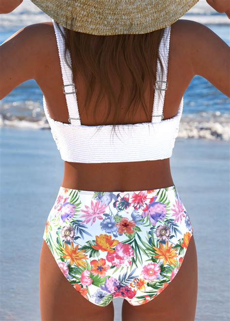 Criss Cross Floral Print White Bikini Set Modlily Usd