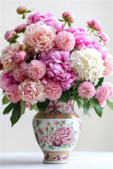 Exquisite Floral Arrangement Of Peonies And Hydrangeas In A Vintage