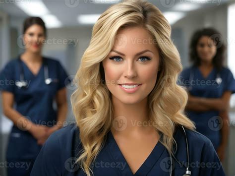 AI Generated A Stinking Blonde Nurse With Straight Hair Wearing Dark Navy Blue Nursing Scrubs