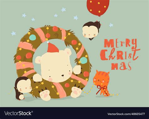 Cute Cartoon Polar Bears Sitting In Christmas Vector Image