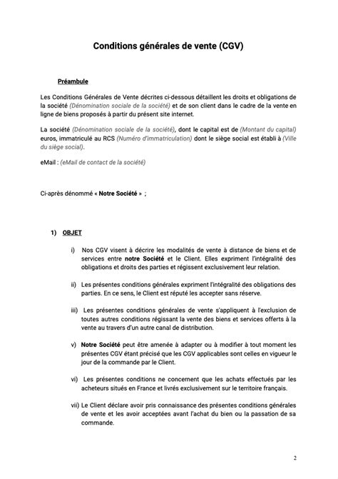 Conditions générales de vente CGV entre professionnels document et