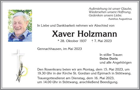 Traueranzeigen Von Xaver Holzmann Augsburger Allgemeine Zeitung