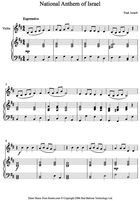 Israeli National Anthem Hatikvah Sheet Music For Violin