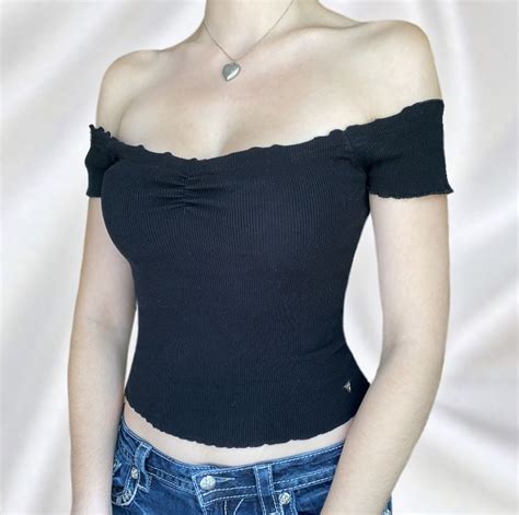 Y2K Dainty Black Guess Off The Shoulder Blouse Depop Teen Fashion