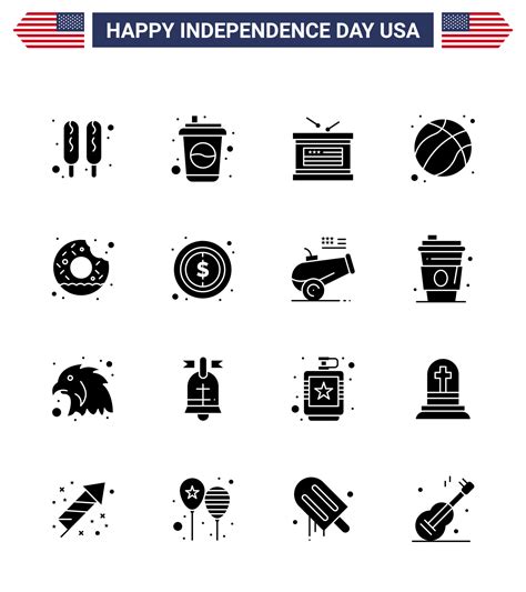 Happy Independence Day USA Pack Of 16 Creative Solid Glyphs Of Yummy