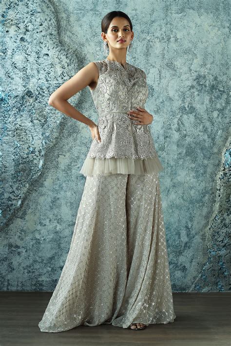 Ash Grey Sequin Patterned Palazzo Pant Set With A Soft Peplum Style Zari Embroidered Long Top