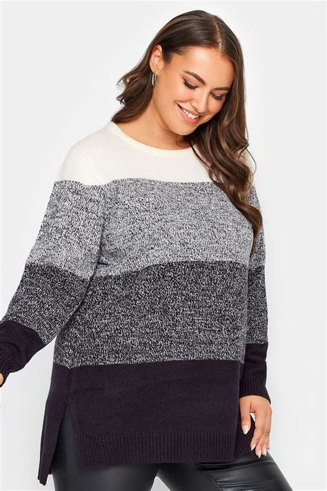 Yours Plus Size Grey Colourblock Stripe Knitted Jumper Yours Clothing