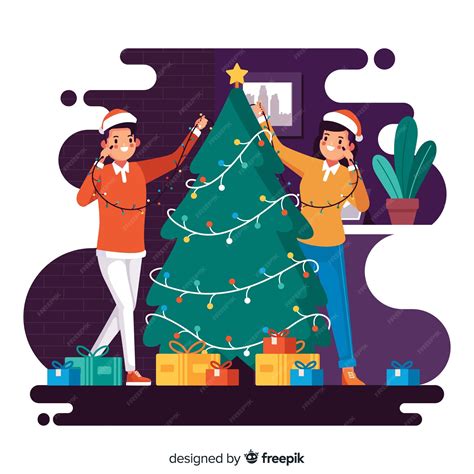 Free Vector | Young people decorating christmas tree illustrated