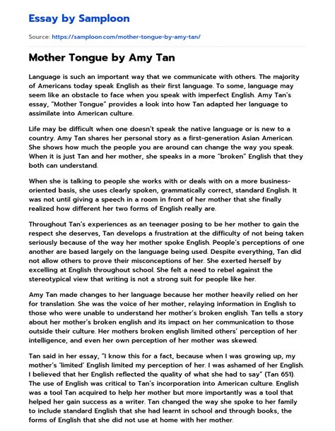 ≫ Mother Tongue by Amy Tan Free Essay Sample on Samploon.com