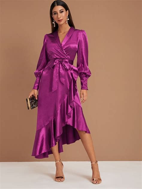 Shein Bishop Sleeve Ruffle Hem Wrap Belted Satin Dress Satijnen