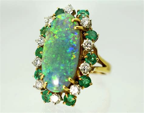 Vintage Opal Diamond Emerald Ring