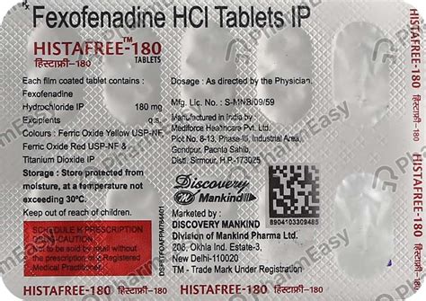 Histafree 180 MG Tablet 10 Uses Side Effects Price Dosage